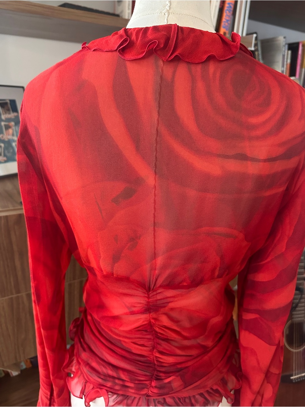 Escada Silk Sheer Ruched Ruffle Blouse Red Y2K Top XS/S - Picture 3 of 10